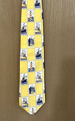 Lands End Men Yellow Boats/Lighthouses/Ships, Nautical Stamps Silk Tie 60" - Image 1 of 4
