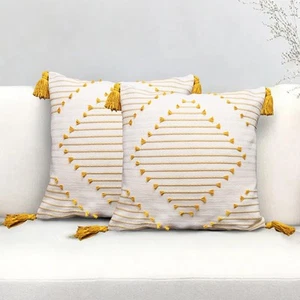 Boho Throw Pillow Covers with Tassels 18x18 Inch Set of 2, Yellow and White F... - Picture 1 of 7