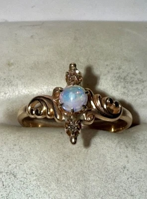 Antique Solid 10K Gold Natural Fire Opal Diamond Victorian Ring Size 7 - image 1 of 4