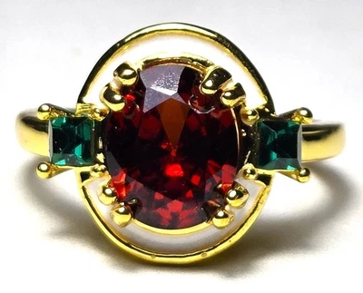 Vintage Art Deco Style Oval Lab Created Garnet & Emerald with White Enamel Ring - Image 1 of 4