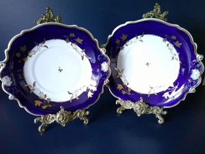 Unmarked Pair Cobalt Blue Border & Gold White Centre Shallow Fruit Plates - Picture 1 of 8