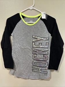 JUSTICE 10 Girls Hockey Black Gray Long Sleev T-Shirt NEW NWT 10 - Picture 1 of 5