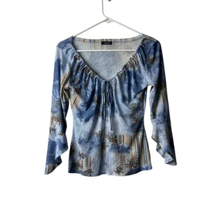Vintage Eyeshadow Blue Romantic Paisley Bell Sleeve Tie Neck Blouse Large Y2K - Picture 1 of 6