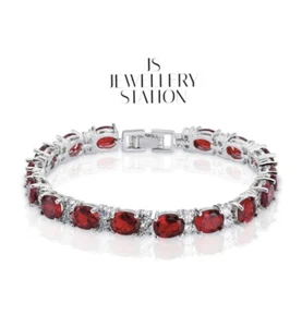 White gold finish red ruby and created diamond Oval tennis bracelet - Picture 1 of 3