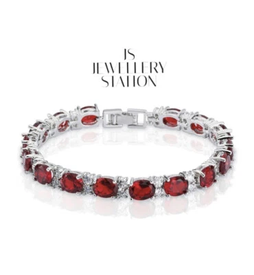 White gold finish red ruby and created diamond Oval tennis bracelet  - Image 1 of 3