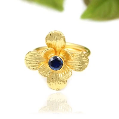 Королевский синий сапфир цветок стиль позолоченный камень регулируемые кольца подарок ей - Изображение 1 из 2