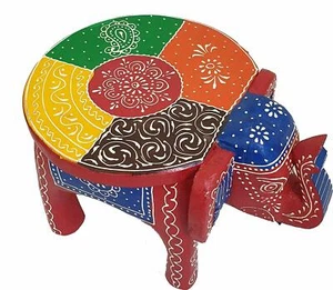 Elephant Shaped Handcrafted Handpainted Wooden Stool Cum Side Table Furniture - Picture 1 of 6