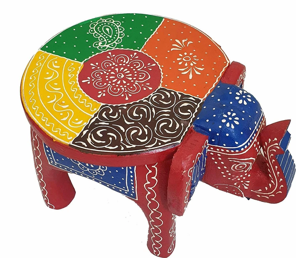 Elephant Shaped Handcrafted Handpainted Wooden Stool Cum Side Table Furniture - Image 1 of 4