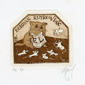 Cat with Book, Original Art Print Etching Ex libris by Stanislaw Kazimov - Picture 1 of 2