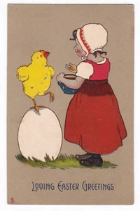 Easter Greetings-DUTCH GIRL W/ GIANT CHICK & EGG-Raphael Tuck Embossed Postcard - Bild 1 von 2