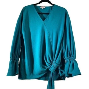 Juicy Couture Teal Blouse Tie Front Long Sleeve Ruffle Cuff V Neck Women's Small - Picture 1 of 11