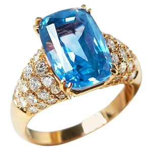 10*12mm Oval Cut Aquamarine Blue Cz Stainless Steel Women's 18K Gold Plated Ring - Picture 1 of 6
