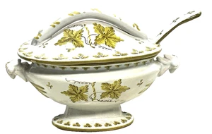 VINTAGE 50's GUDIO GAMBONE FAIENCE GRAVY BOAT TURANE SOUP WITH LADLE SPOON ITALY - Imagen 1 de 17