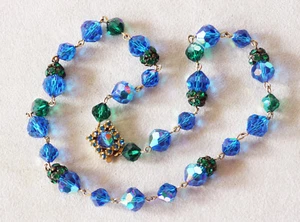 Vintage Halskette, toller Verschluss, mit seltenen österreichischen Kristallen Smaragd, Kobalt - Bild 1 von 5