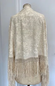 Antique Chinese Silk Shawl Hand Embroidery Ivory Bridal 190cm L - Picture 1 of 21