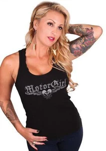 BN MOTOR GIRL BLACK SILVER LOVE HEART SCROLL CROSS TANK TOP 8 10 12 14 S M L XL - Picture 1 of 5