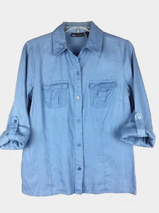 Relativity Women’s Linen Shirt Top LS Roll Tabs Pockets Blue Sz Small - Picture 1 of 7