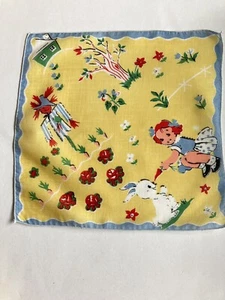 VTG 1950s LITTLE GIRL FEEDING RABBIT CARROT in GARDEN SCARECROW CHILDS HANKIE - Picture 1 of 3