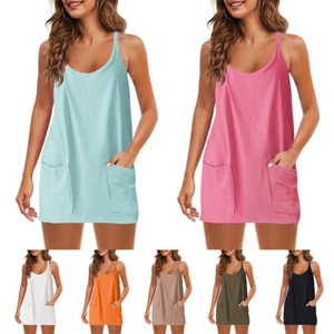 Damen-Sommerkleid Spaghettiträger O-Ausschnitt Mini-Sommerkleid Mit Taschen < - Bild 1 von 21