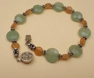 Faded Green Pea Discus & Pumpkin Sterling Silver Beaded Bracelet 8" 10.8g - Picture 1 of 8