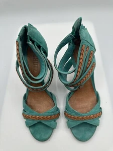 SCHUTZ Turquoise Suede Brown Braided Trim Heel Strappy Gladiator Sandal Sz 7B - Picture 1 of 9