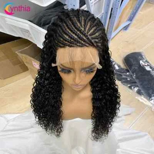 13x4 Lace Front Black Water Wave Wigs with Braided 100% Human Hair Wig Glueless - Picture 1 of 11