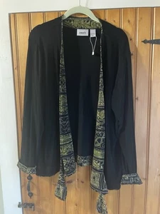 Chico's Travelers Jacket Size 3, XL Open Front Black w/ Olive,Camel, Tan Trim - Picture 1 of 3