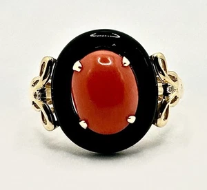 rare! Vintage 14k Solid YG sz6 MEDITERRANEAN CORAL & ONYX HALO/ Diamonds Ring - Picture 1 of 21