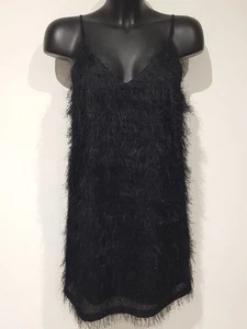Primark Size 10 UK Black Fluffy Silver Sparkle Strap Dress Party Wear Nye - Picture 1 of 5