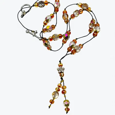Collar Con Cuentas Y Lariat Facetado Aurora Boreal Vidrio Cordón Negro Boho Delicado Foto 1 de 4
