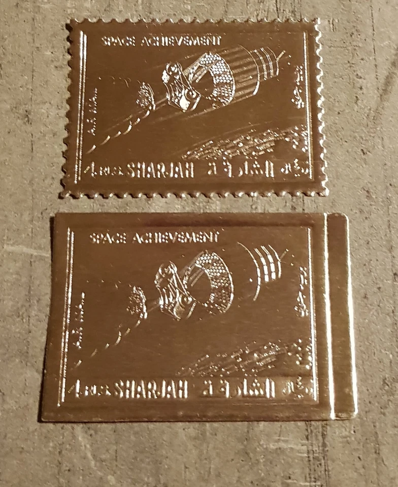 SHARJAH - LOGRO ESPACIAL - 2 SELLOS LÁMINA PLATA PERFORADA E IMPERMEABILIZADA MNH Foto 1 de 1