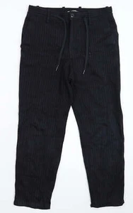 Mango Womens Blue Striped Cotton Blend Trousers Size W28 L25 Slim - Picture 1 of 12