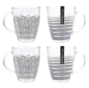 Set of 4 Coffee Mugs Tea Cups Glasses Geometric Pattern Grey Clear Glass 340ml - Picture 1 of 5