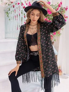 Printed Fringe Detail Cardigan - S-XL - Picture 1 of 7