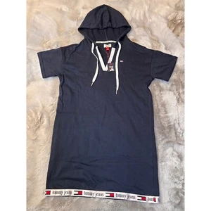 Tommy Jeans Hoodie Dress Logo Tape Hem Short Sleeve Casual Size Blue - Picture 1 of 13