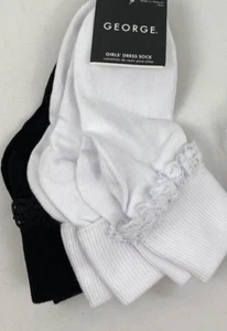 Girls' George Lace Cuff Dress Socks, Pack of 3 Pairs, White & Black, Size 3-8.5 - Picture 1 of 6