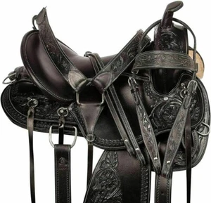 Horse Saddle Western Trail Barrel Show Black Floral Tooled Leather Size 10"-18" - Picture 1 of 4