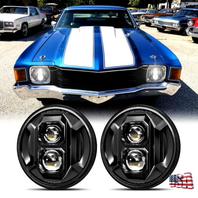 Upgrade for Chevy Chevelle SS 1971 1972 1973 Pair 7inch LED Round Headlights DOT - Image 1 of 4