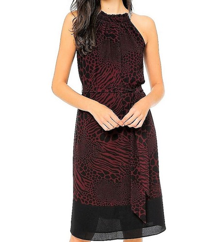 Abito nuovo con etichette $155 MICHAEL KORS stampa animalier georgette Halter collo catena rubino scuro M