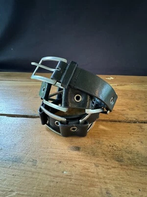 Cinturón de cuero negro vintage con hebilla color plata eslabones metálicos 42" de largo Foto 1 de 4