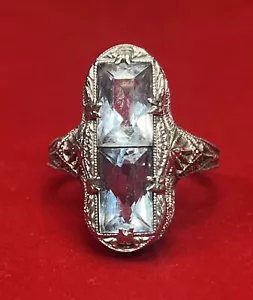 Antique 14K White Gold Filigree Blue Topaz Ring Size 7.25 - Picture 1 of 10