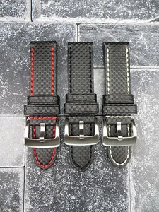 New 22mm CARBON Fiber Leather Strap Black Tang Watch Band NAVITIMER Res White X1 - Picture 1 of 16