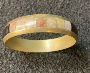 "Brazalete brazalete vintage de latón con incrustaciones de cuarzo ágata 8"" de largo" - Imagen 1 de 9