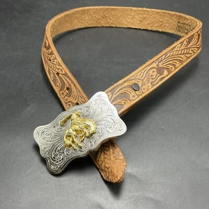 Justin Boys Tooled Tan Brown Leather Western Belt 18-20 Bronc Rider Buckle USA - Picture 1 of 13