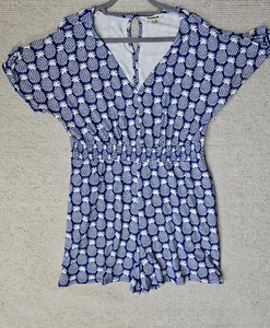 Boden Smocked Jersey Playsuit Romper Shorts Blue White Pineapple 2P 12 Petite - Picture 1 of 10