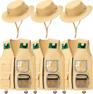 Unittype 3 Sets Kids Safari Costume Explorer Safari Cargo Vest Hat Set Outfit up