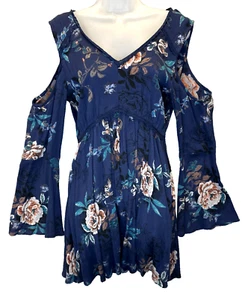 American Rag Juniors Twilight Blue Cold-Shoulder Floral Fit & Flare Dress Small - Picture 1 of 10