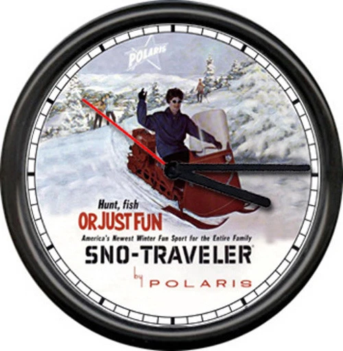 OFF THE WALL CLOCKS Polaris Snow Mobile Sno-Traveler Snowmobile Racing Dealer Sign Retro Wall Clock