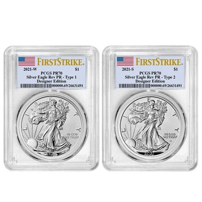 2021 Reverse Proof American Silver Eagle Designer 2pc Set PCGS PR70 FS Flag - Imagem 1 de 3