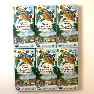 Paquete de 6 barras de chocolate negro Trader Joe's orgánicas 73 % cacao con almendras 3,51 OZ Ea Foto 1 de 2